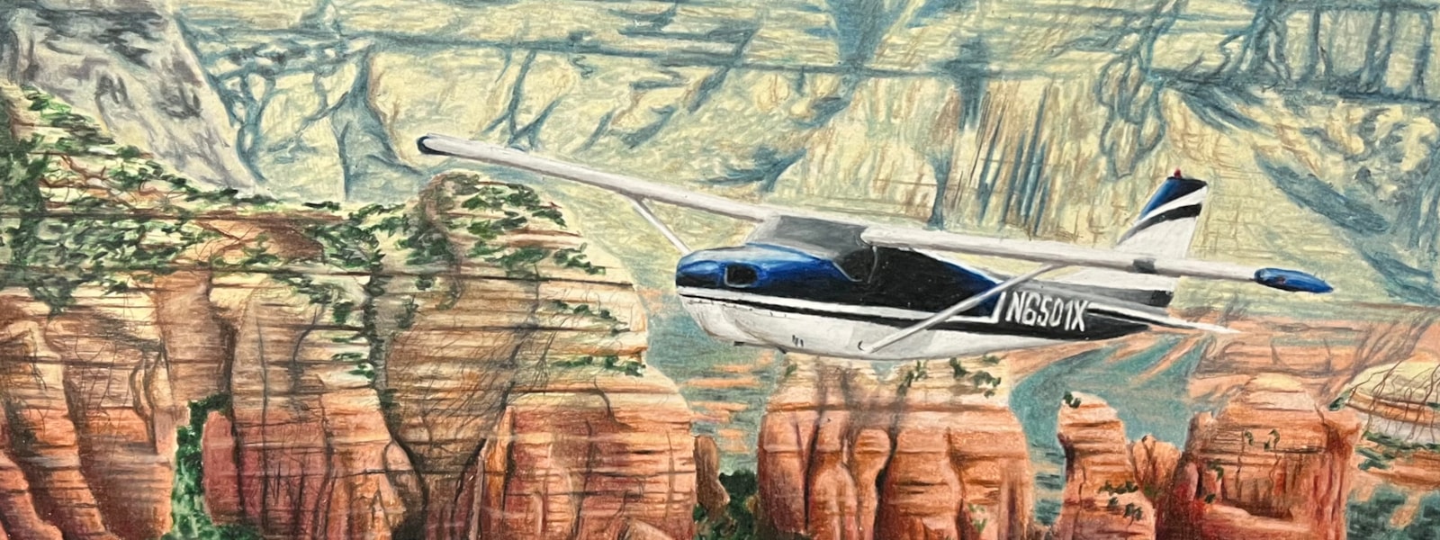 colored pencil drawing of a small plane flying over the Sedona red rocks