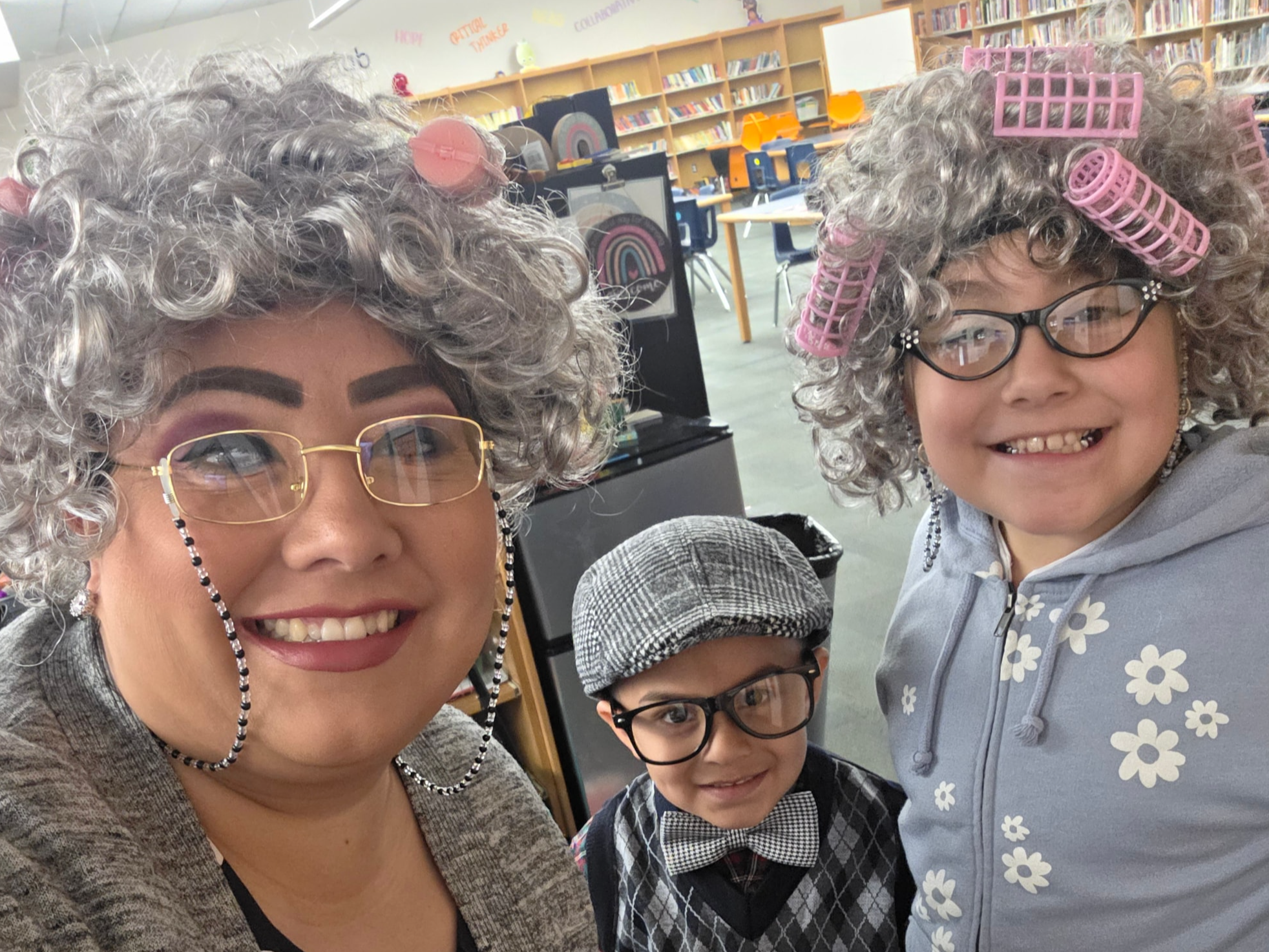 Student and staff dressed as 100 year olds.