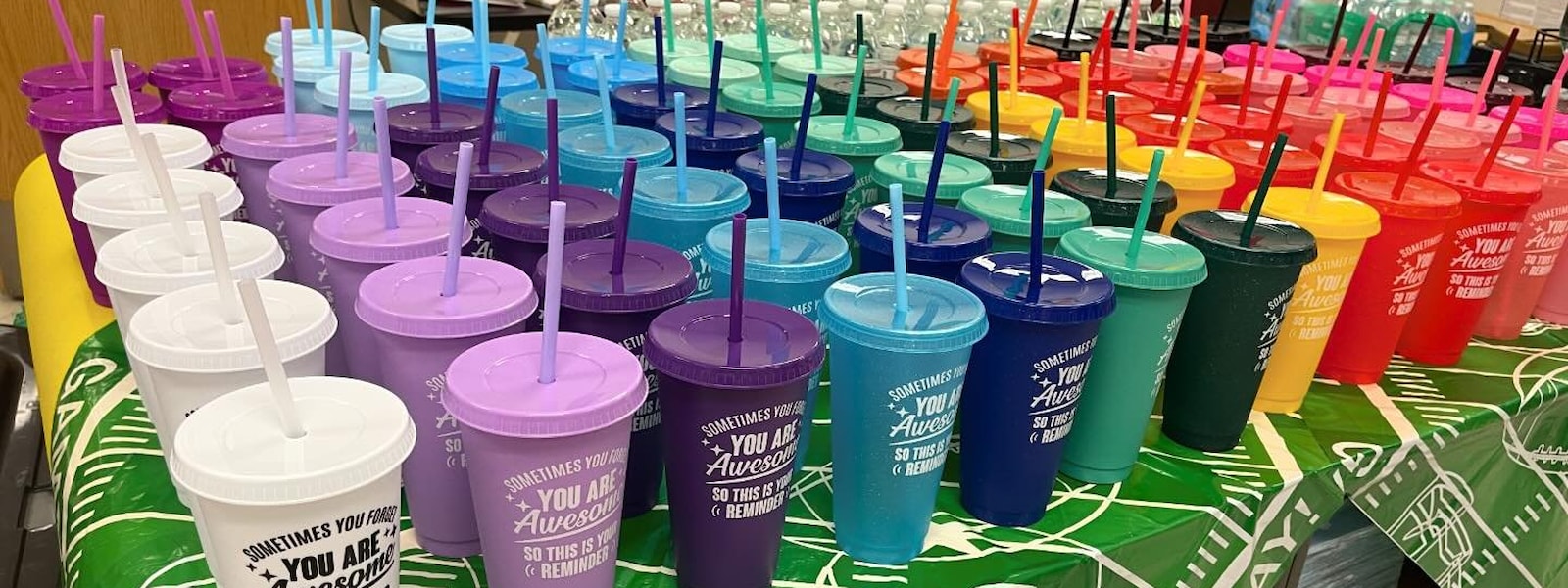 assorted color cups that say you are awesome.