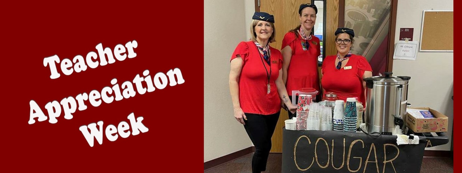 3 women standing by a coffee cart in flight attendant outfits.