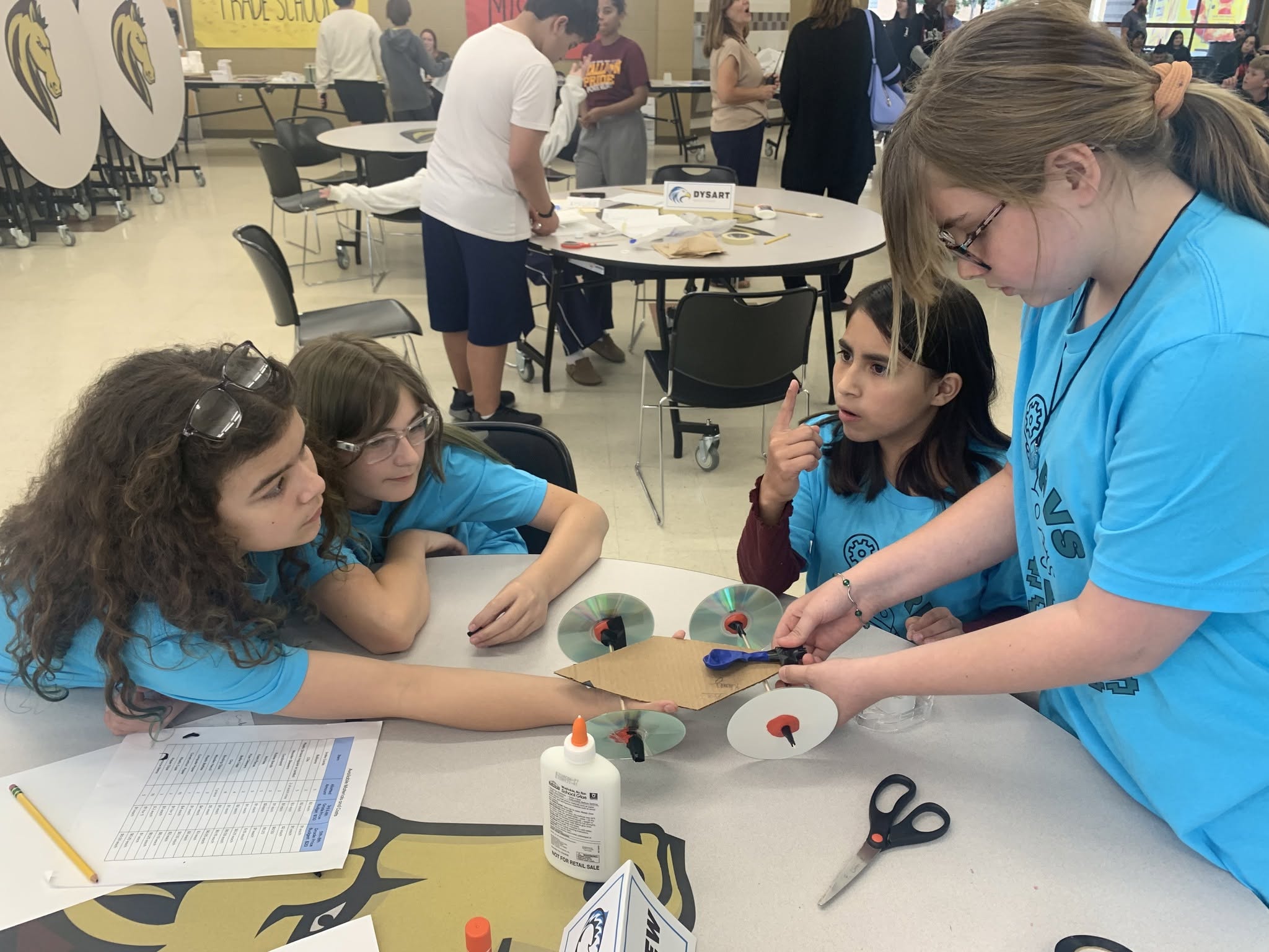 Students creating a movable car using CDs and balloon part of a STEAM Activity 