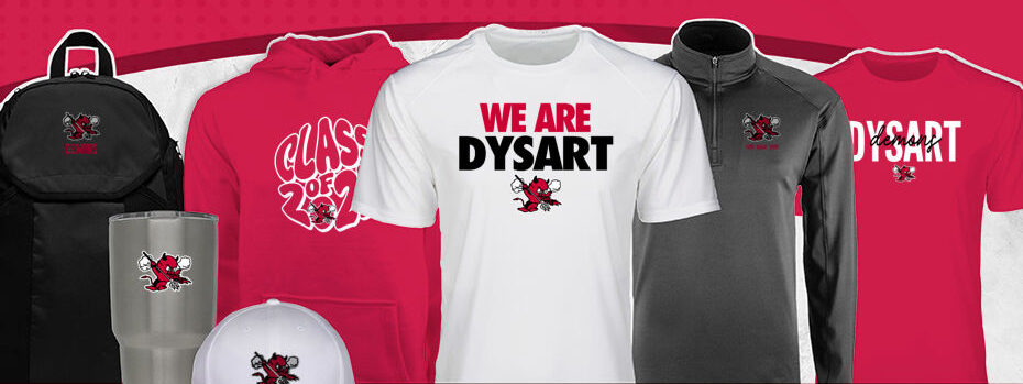 Examples of shirts and gear with Dysart High logo on it from school store.