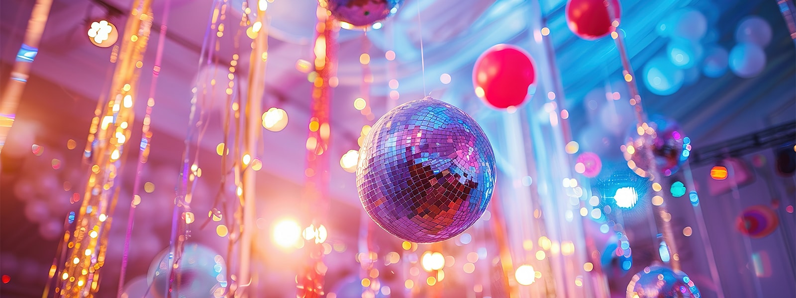 Disco balls and streamers hanging down